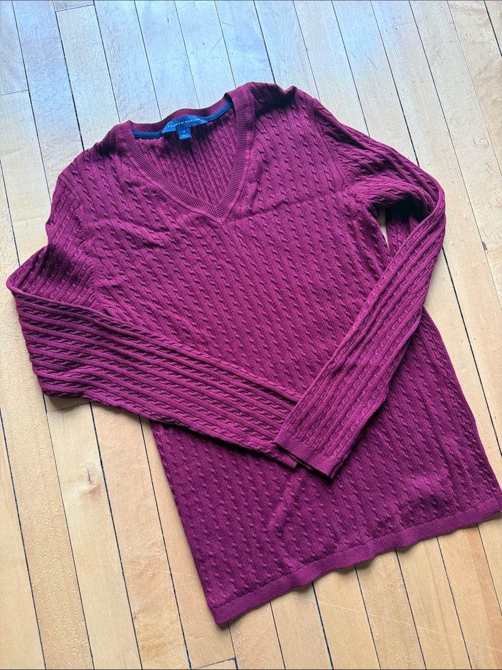 Tommy Hilfiger Red Cable Knit V-Neck Sweater
